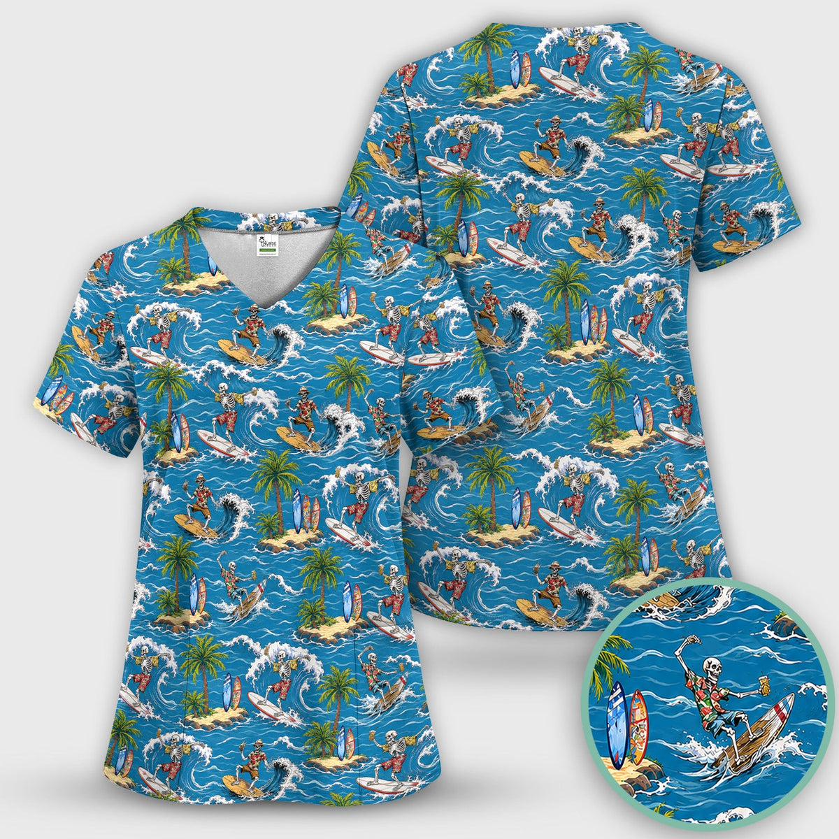 Spooky Tropical Skeleton Surfer Pattern Scrub Top, Comfortable Scrubs for Nurses