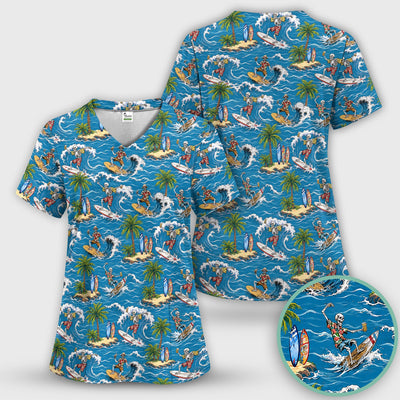 Spooky Tropical Skeleton Surfer Pattern Scrub Top, Comfortable Scrubs for Nurses