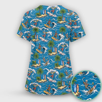 Spooky Tropical Skeleton Surfer Pattern Scrub Top, Comfortable Scrubs for Nurses