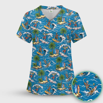 Spooky Tropical Skeleton Surfer Pattern Scrub Top, Comfortable Scrubs for Nurses