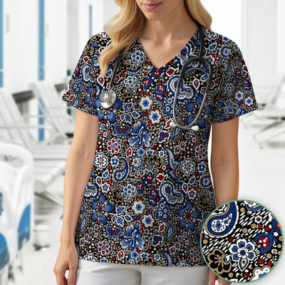 Classic Paisley Floral Pattern Scrub Top, Comfortable Scrubs for Nurses