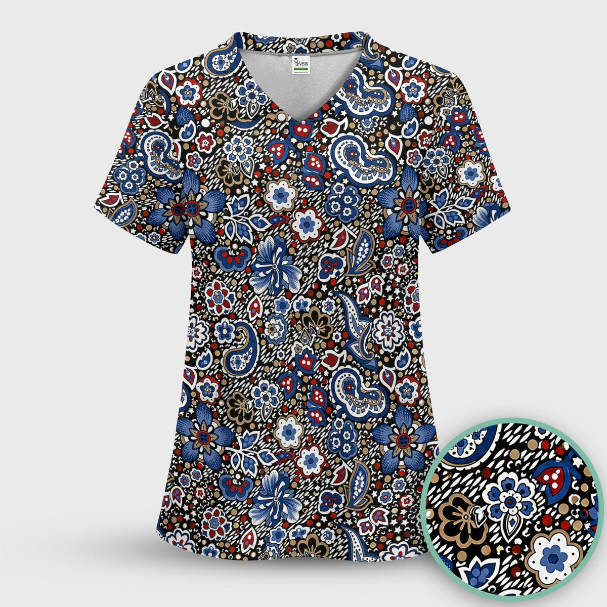 Classic Paisley Floral Pattern Scrub Top, Comfortable Scrubs for Nurses