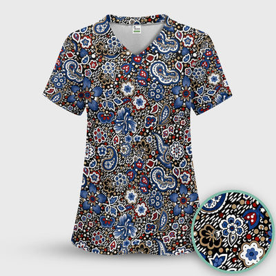 Classic Paisley Floral Pattern Scrub Top, Comfortable Scrubs for Nurses
