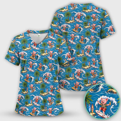 Tropical Surfing Pig Island Pattern Scrub Top, Comfortable Scrubs for Nurses