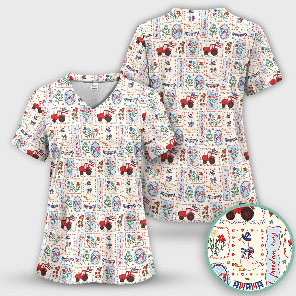 Patriotic Farm Goose Nurse Scrub Top for RN, CNA, Healthcare Workers, Americana Uniform Scrub Top, Comfortable Scrubs for Nurses