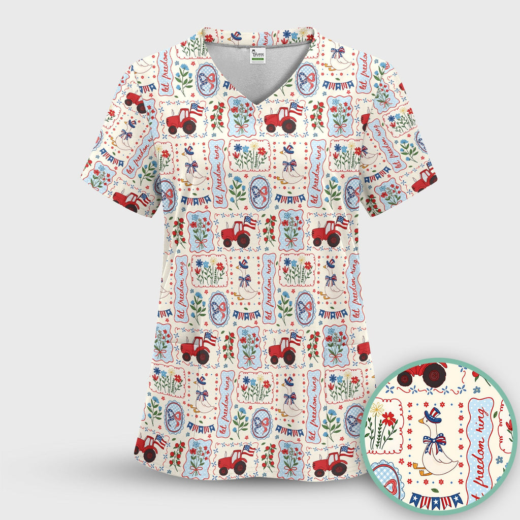 Patriotic Farm Goose Nurse Scrub Top for RN, CNA, Healthcare Workers, Americana Uniform Scrub Top, Comfortable Scrubs for Nurses