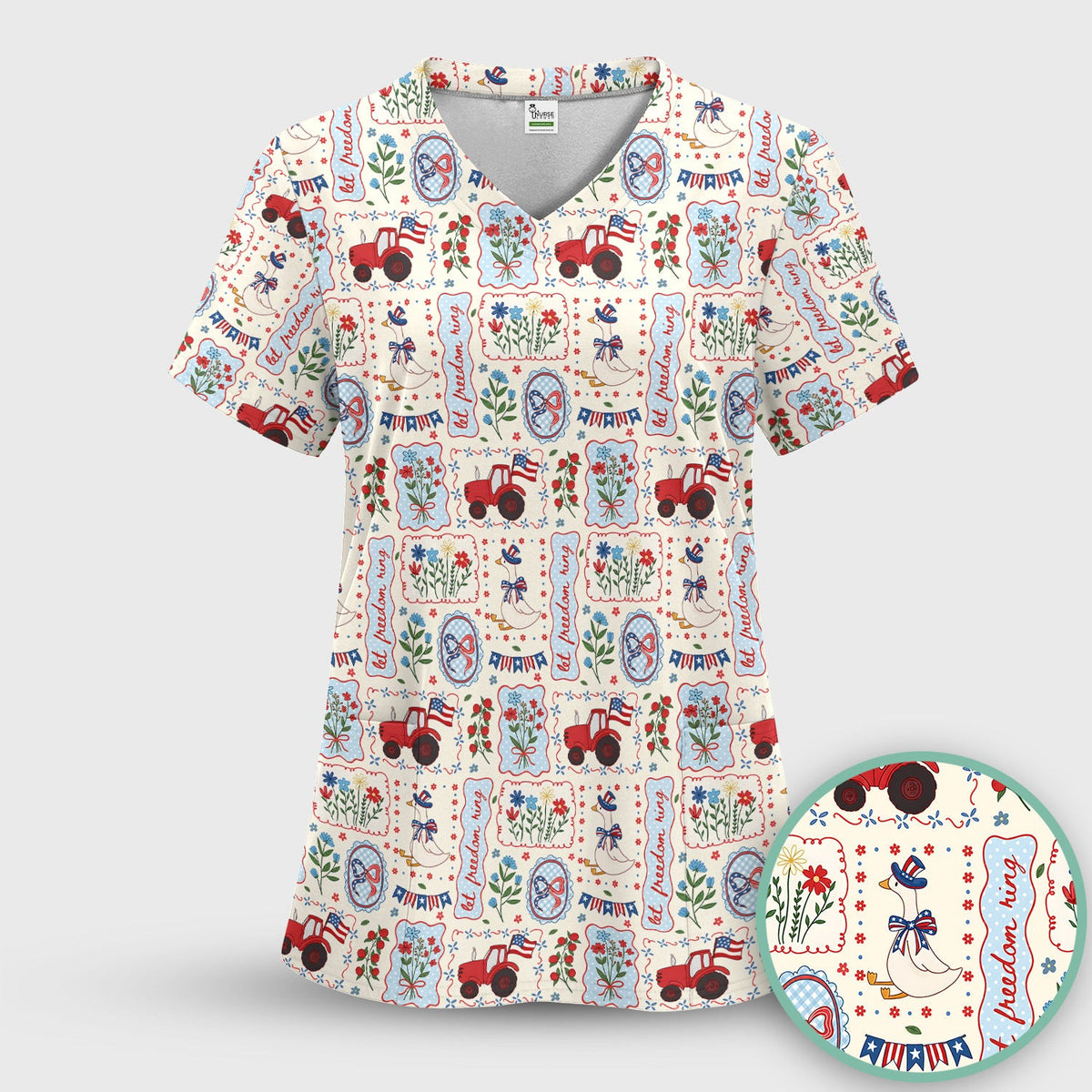 Patriotic Farm Goose Nurse Scrub Top for RN, CNA, Healthcare Workers, Americana Uniform Scrub Top, Comfortable Scrubs for Nurses