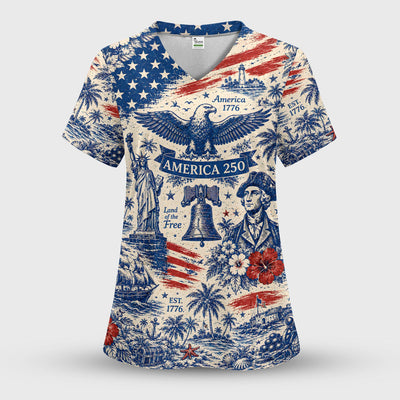 America 250 Eagle Liberty Pattern Scrub Top, Comfortable Scrubs for Nurses