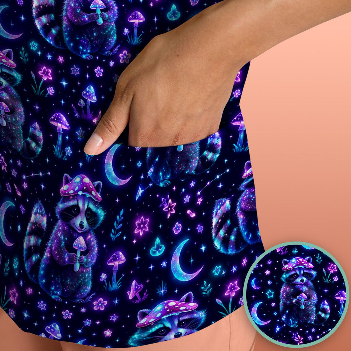 Neon Mushroom Raccoon Moonlight Pattern Scrub Top, Comfortable Scrubs for Nurses