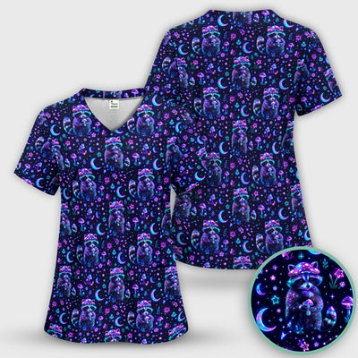Neon Mushroom Raccoon Moonlight Pattern Scrub Top, Comfortable Scrubs for Nurses