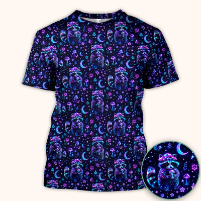 Neon Mushroom Raccoon Moonlight Pattern Scrub Top, Comfortable Scrubs for Nurses