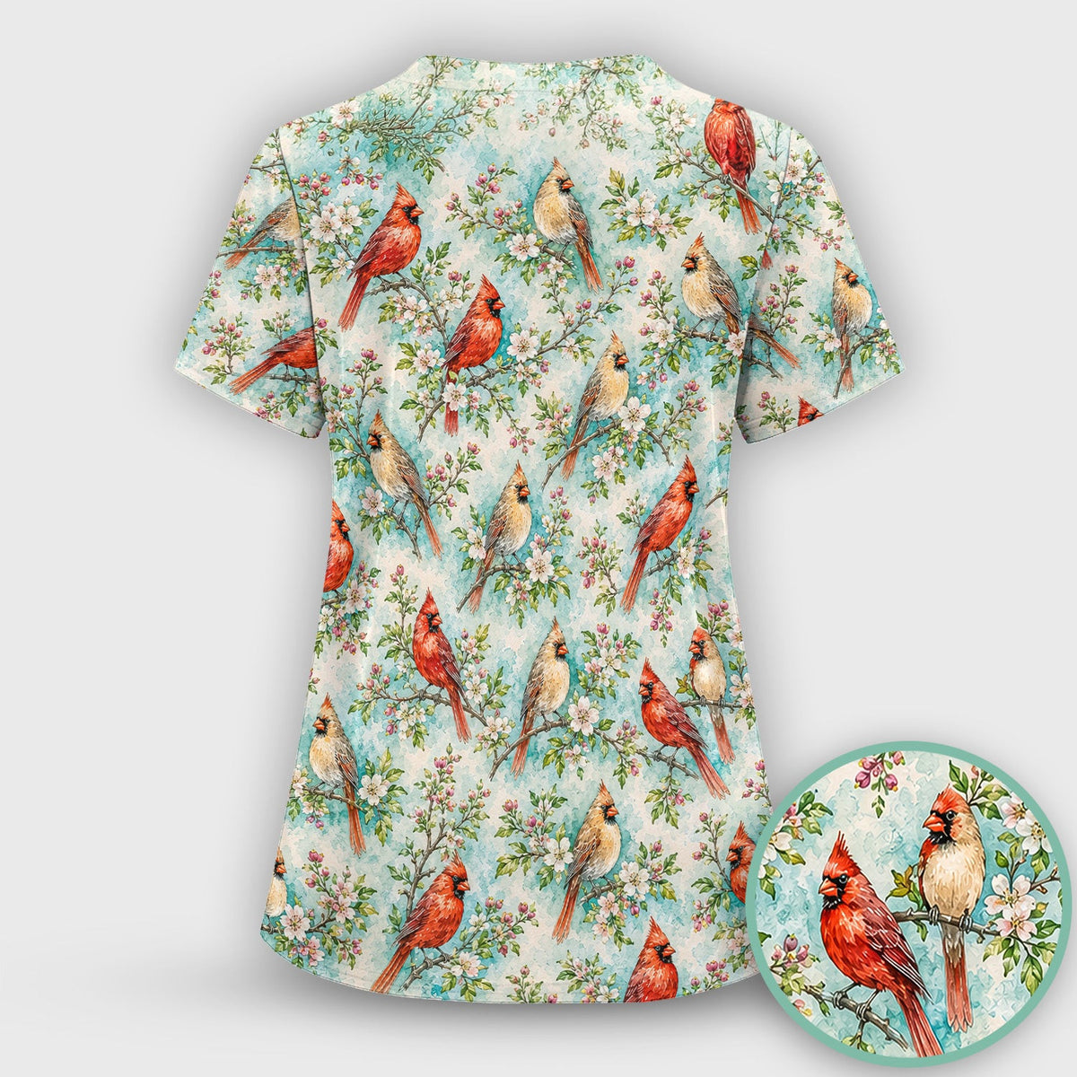 Cardinal Blossom Branch Pattern Scrub Top, Comfortable Scrubs for Nurses
