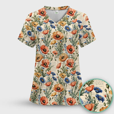 Vintage Poppy Wildflower Script Print Scrub Top, Comfortable Scrubs for Nurses