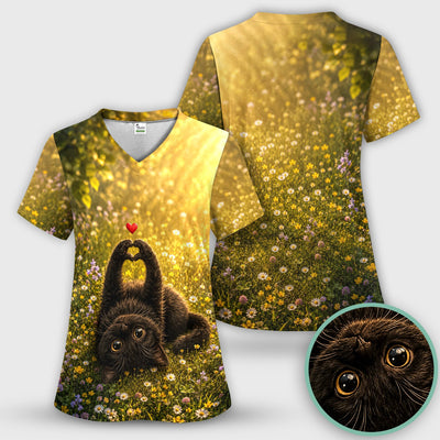 Upside Down Black Cat Meadow Pattern Scrub Top, Comfortable Scrubs for Nurses