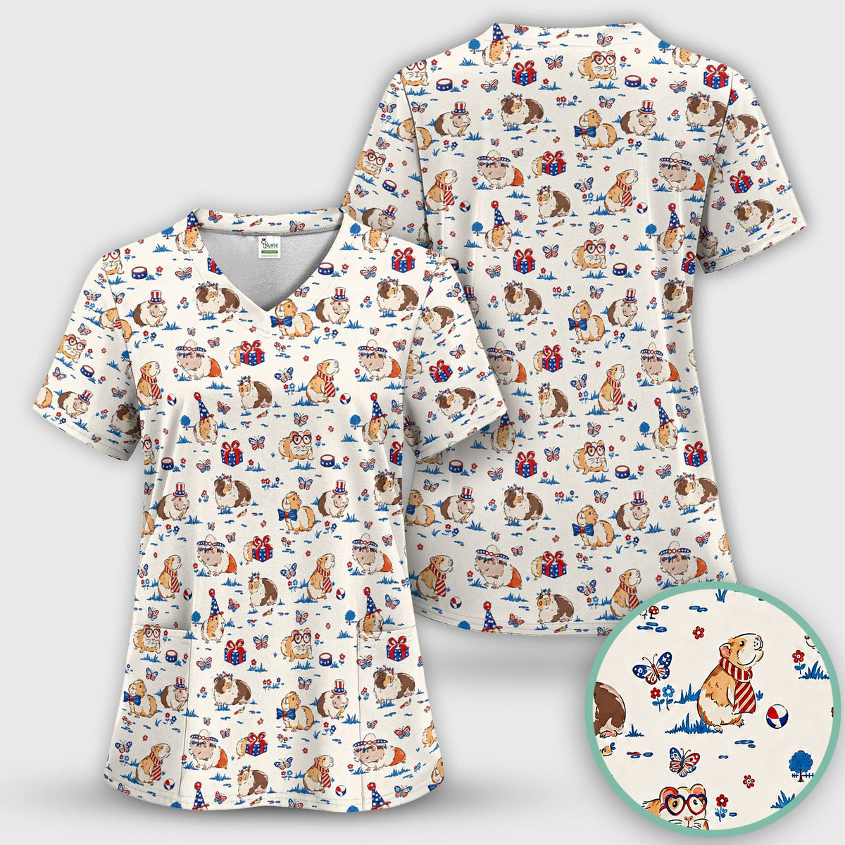 Patriotic Guinea Pig Celebration Pattern Scrub Top, Comfortable Scrubs for Nurses