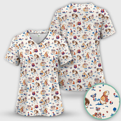 Patriotic Guinea Pig Celebration Pattern Scrub Top, Comfortable Scrubs for Nurses