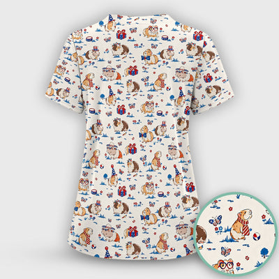Patriotic Guinea Pig Celebration Pattern Scrub Top, Comfortable Scrubs for Nurses