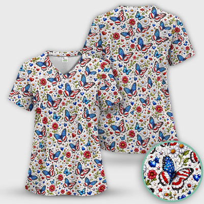 Patriotic Butterfly Daisy Heart Pattern Scrub Top, Comfortable Scrubs for Nurses