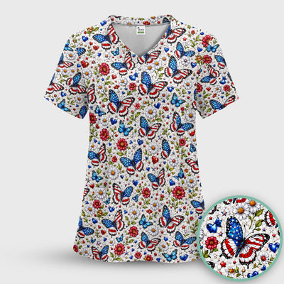 Patriotic Butterfly Daisy Heart Pattern Scrub Top, Comfortable Scrubs for Nurses