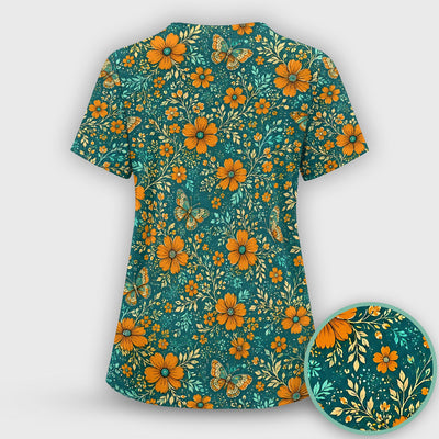 Orange Floral Butterfly Vine Pattern Scrub Top, Comfortable Scrubs for Nurses