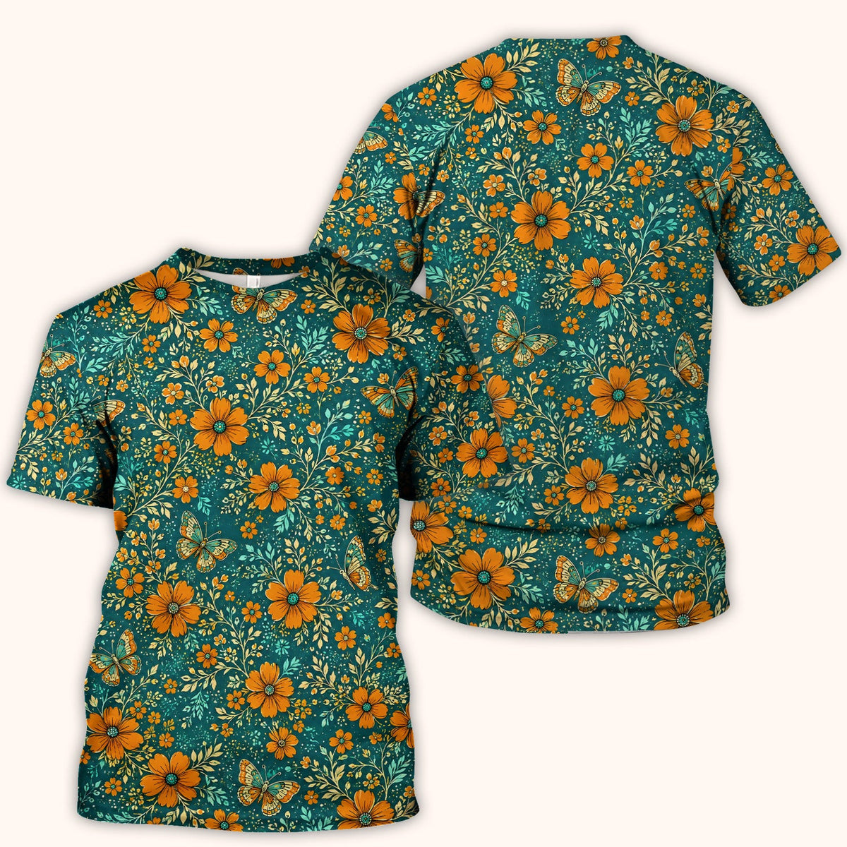 Orange Floral Butterfly Vine Pattern Scrub Top, Comfortable Scrubs for Nurses