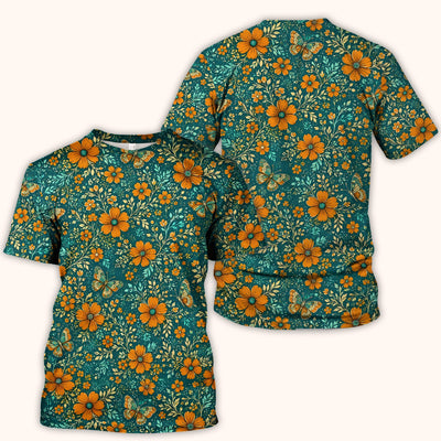 Orange Floral Butterfly Vine Pattern Scrub Top, Comfortable Scrubs for Nurses