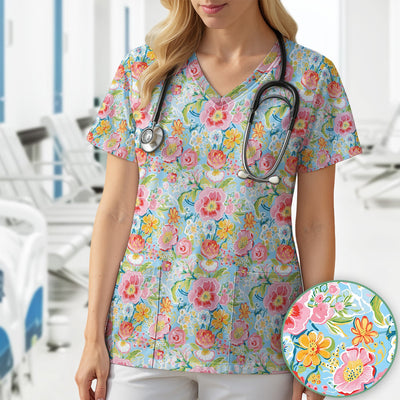 Pastel Tropical Floral Garden Pattern Scrub Top, Comfortable Scrubs for Nurses