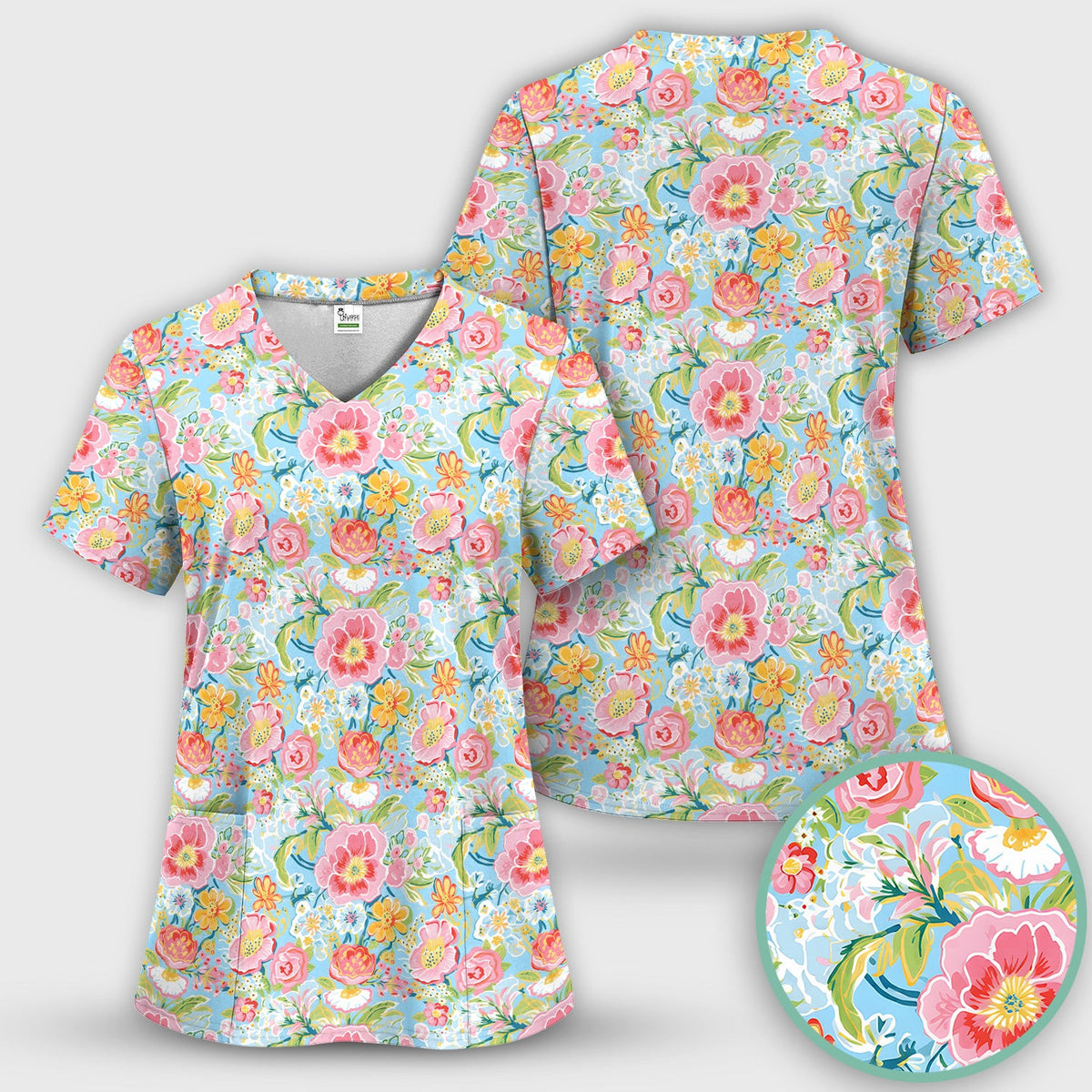 Pastel Tropical Floral Garden Pattern Scrub Top, Comfortable Scrubs for Nurses