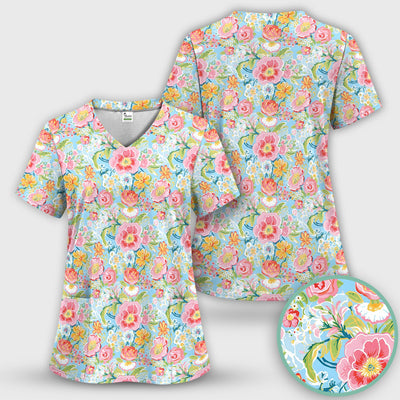 Pastel Tropical Floral Garden Pattern Scrub Top, Comfortable Scrubs for Nurses