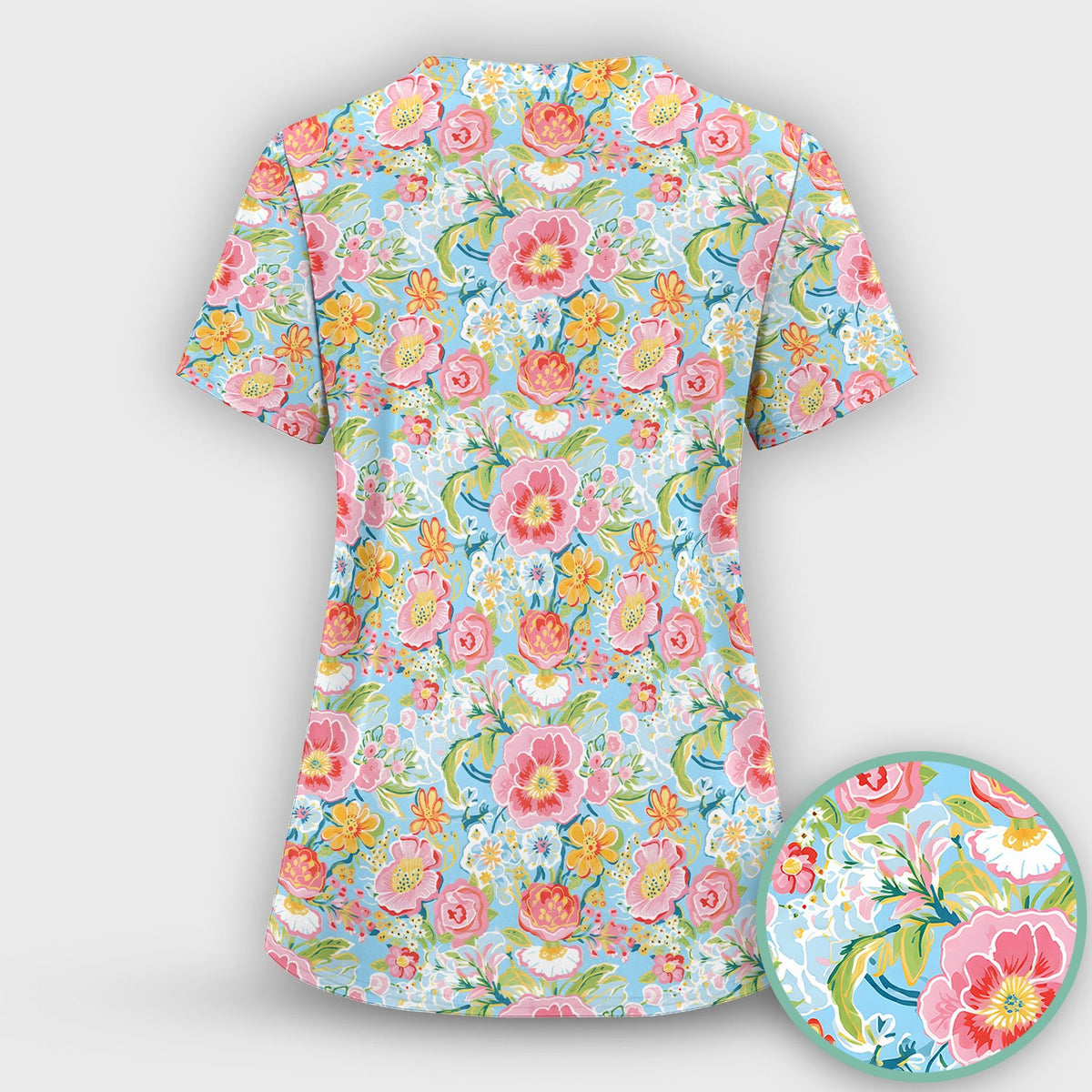 Pastel Tropical Floral Garden Pattern Scrub Top, Comfortable Scrubs for Nurses
