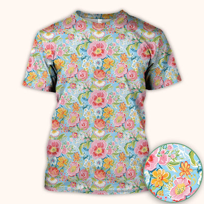Pastel Tropical Floral Garden Pattern Scrub Top, Comfortable Scrubs for Nurses