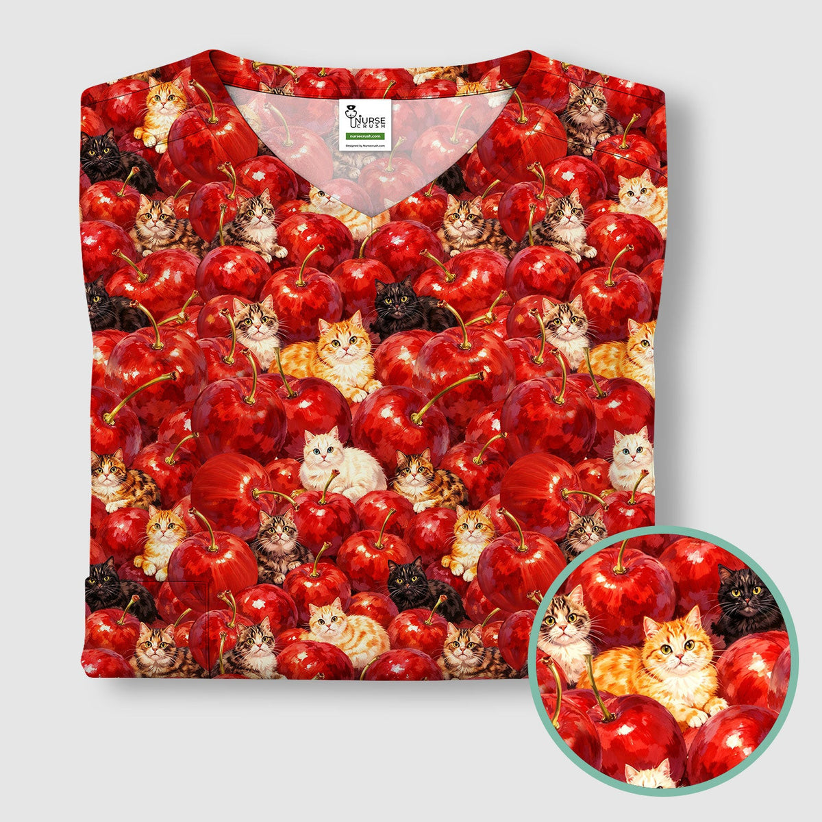 Cute Cat Cherry Pattern Scrub Top, Comfortable Scrubs for Nurses