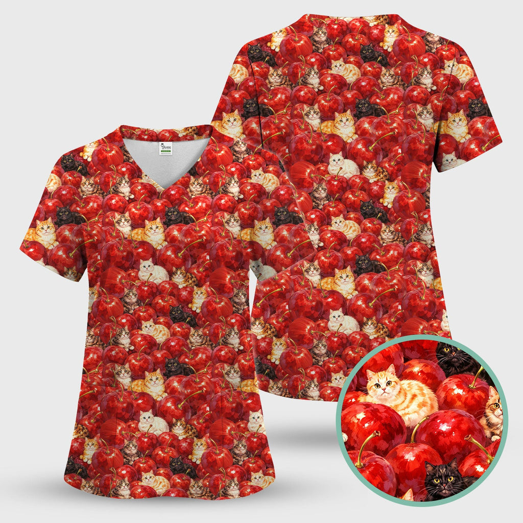 Cute Cat Cherry Pattern Scrub Top, Comfortable Scrubs for Nurses