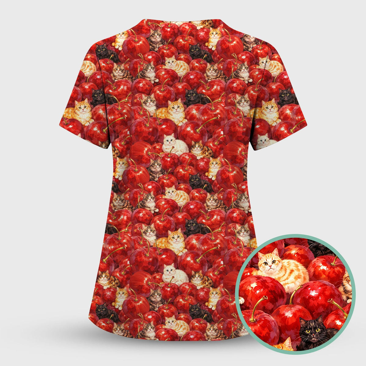 Cute Cat Cherry Pattern Scrub Top, Comfortable Scrubs for Nurses