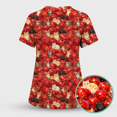 Cute Cat Cherry Pattern Scrub Top, Comfortable Scrubs for Nurses