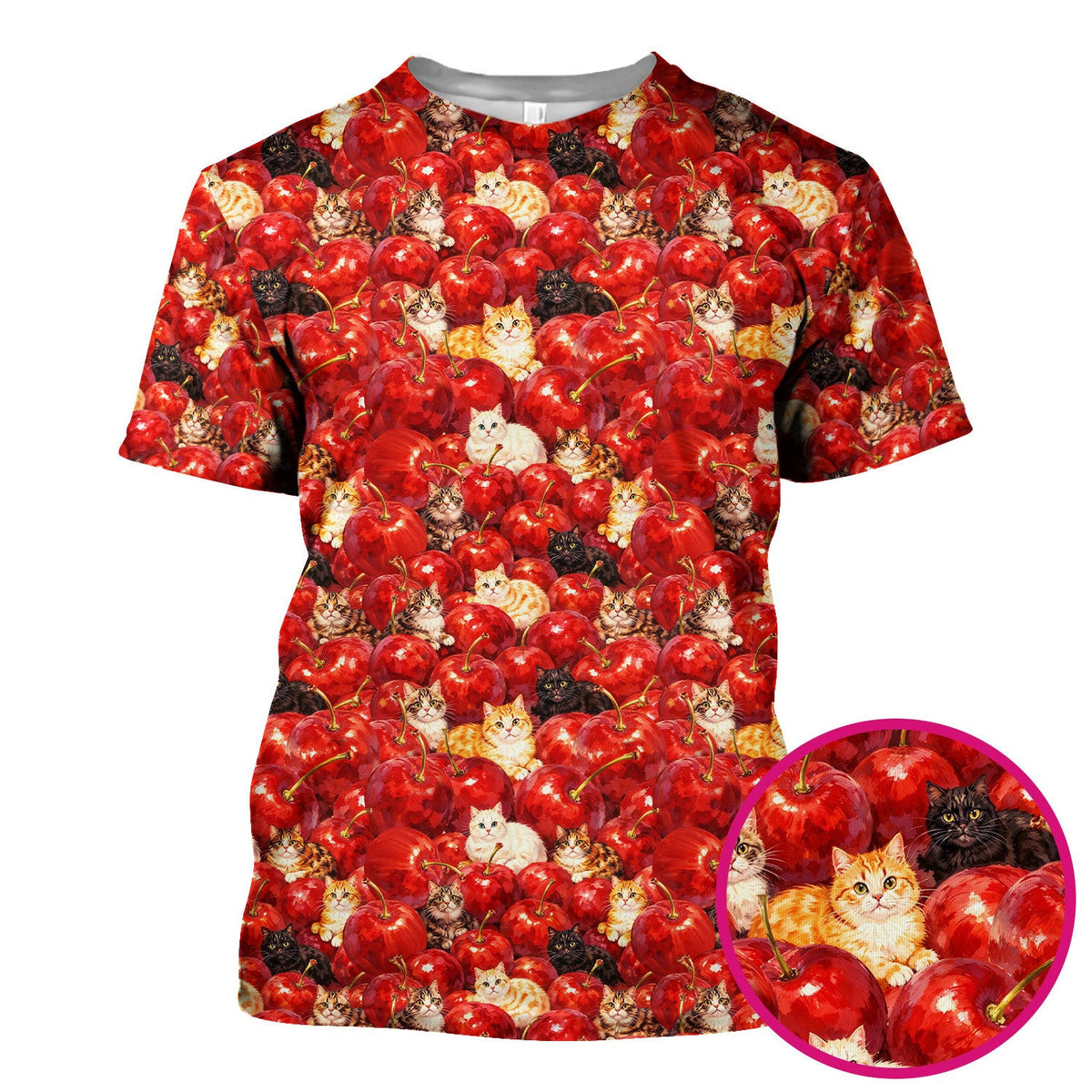 Cute Cat Cherry Pattern Scrub Top, Comfortable Scrubs for Nurses