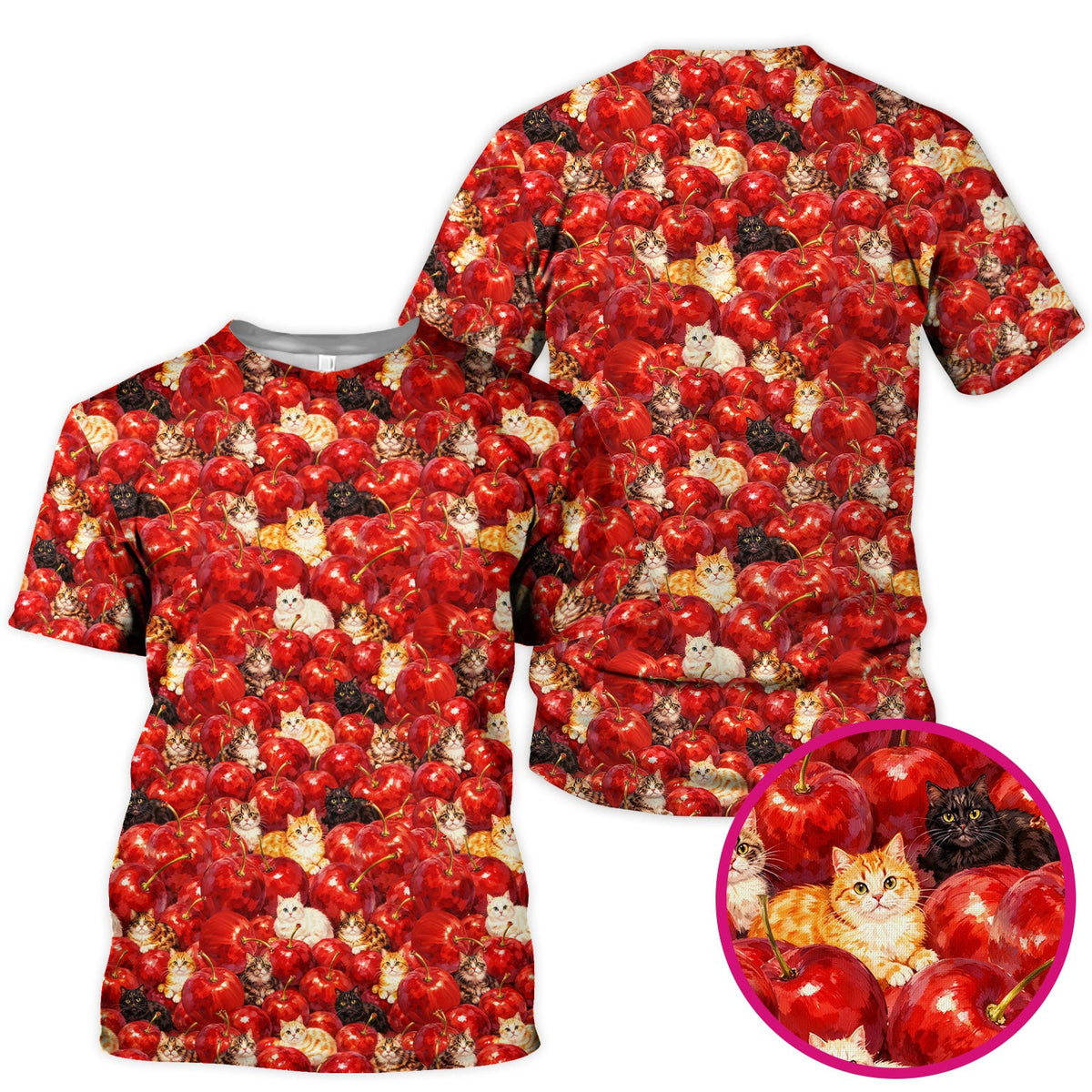 Cute Cat Cherry Pattern Scrub Top, Comfortable Scrubs for Nurses