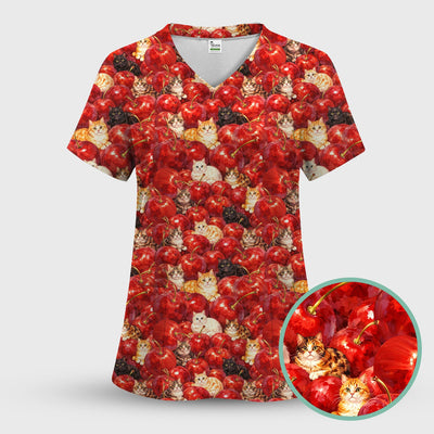 Cute Cat Cherry Pattern Scrub Top, Comfortable Scrubs for Nurses