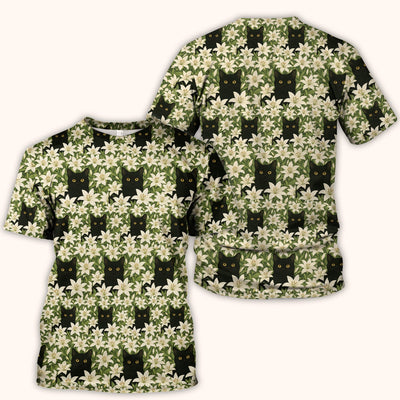 Black Cat Hidden In Lily Garden Pattern Scrub Top, Comfortable Scrubs for Nurses