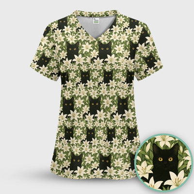 Black Cat Hidden In Lily Garden Pattern Scrub Top, Comfortable Scrubs for Nurses