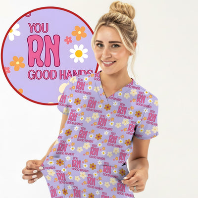 You RN Good Hands Floral Daisy Pattern Scrub Top, Comfortable Scrubs for Nurses