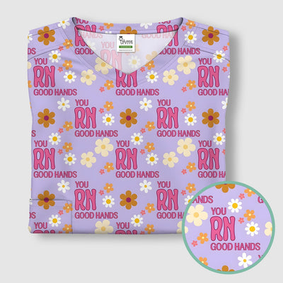 You RN Good Hands Floral Daisy Pattern Scrub Top, Comfortable Scrubs for Nurses