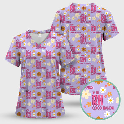 You RN Good Hands Floral Daisy Pattern Scrub Top, Comfortable Scrubs for Nurses