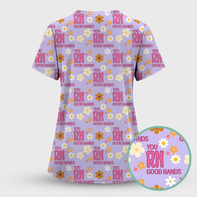 You RN Good Hands Floral Daisy Pattern Scrub Top, Comfortable Scrubs for Nurses