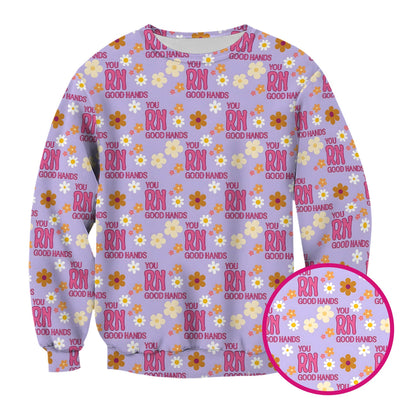 You RN Good Hands Floral Daisy Pattern Scrub Top, Comfortable Scrubs for Nurses
