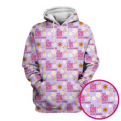 You RN Good Hands Floral Daisy Pattern Scrub Top, Comfortable Scrubs for Nurses