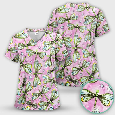 Dragonfly On Pink Starry Background Scrub Top, Comfortable Scrubs for Nurses