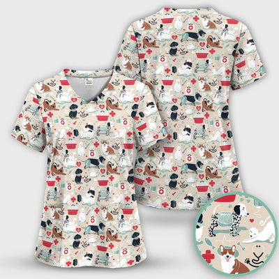Dogs With Veterinary Tools And Paw Print Scrub Top, Breathable Fabrics Nursing Uniform