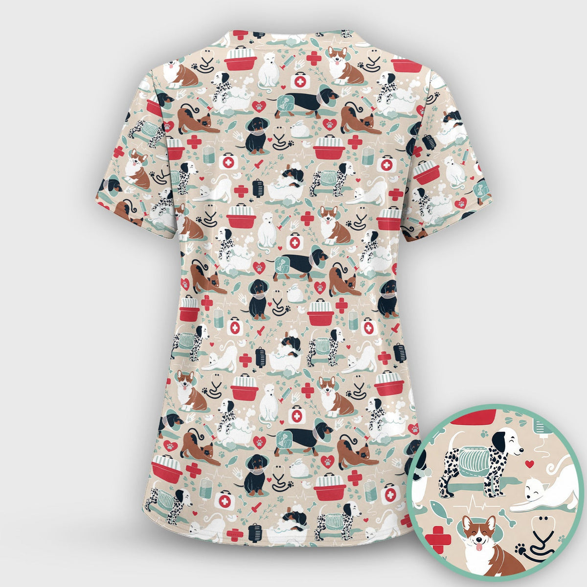 Dogs With Veterinary Tools And Paw Print Scrub Top, Breathable Fabrics Nursing Uniform