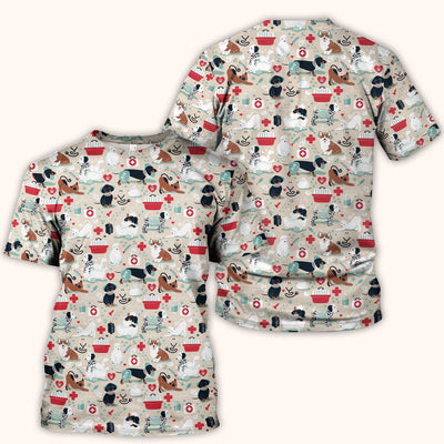Dogs With Veterinary Tools And Paw Print Scrub Top, Breathable Fabrics Nursing Uniform